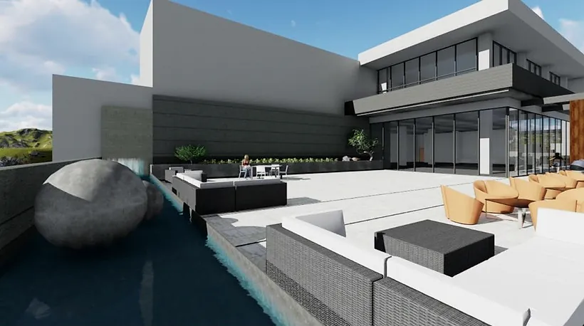 Render del proyecto: terraza con espejo de agua y sala exterior del Club Alpino Chipinque