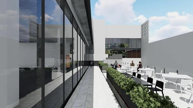 Render del proyecto: terraza con jardineras y mesas junto a la fachada de cristal del Club Alpino Chipinque